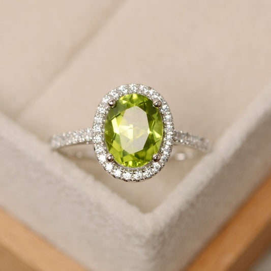 1 CT Oval Cut Peridot Diamond 925 Sterling Silver Halo Engagement Ring