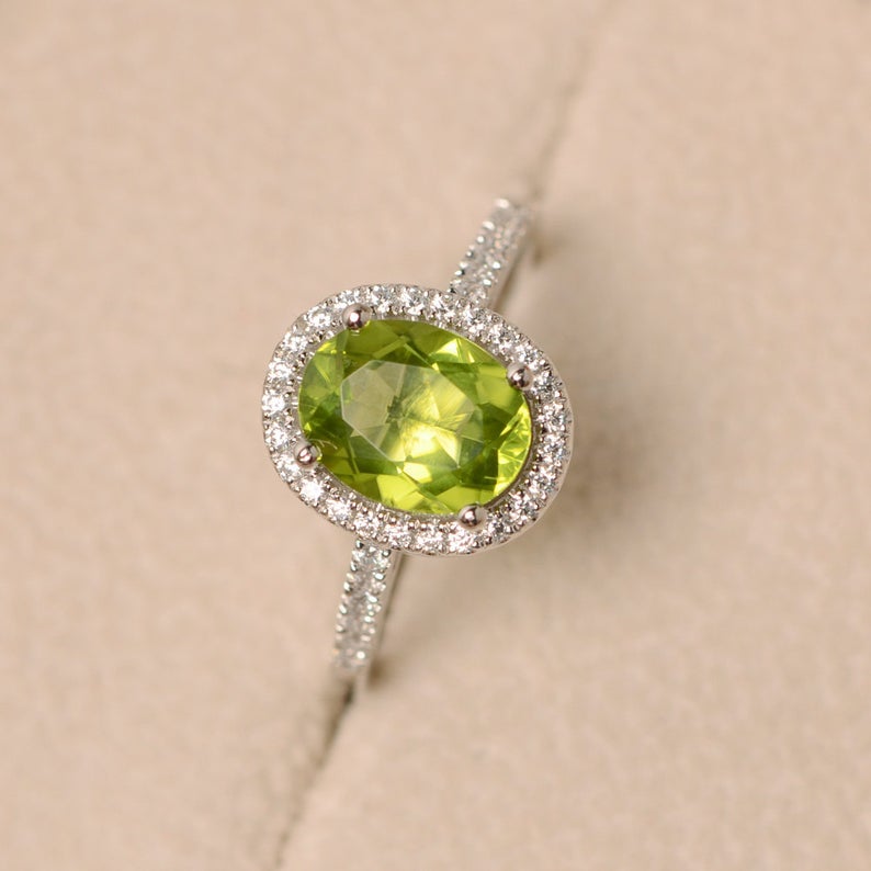 1 CT Oval Cut Peridot Diamond 925 Sterling Silver Halo Engagement Ring