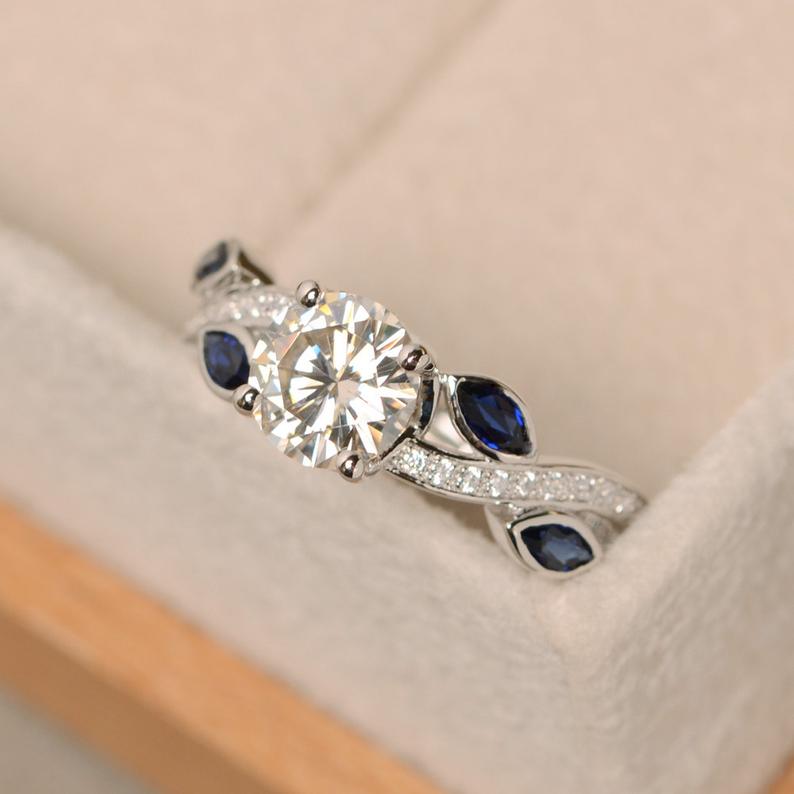 2.75 Ct Round Cut Marquise Sapphire 925 Sterling Silver Anniversary Leaf Ring