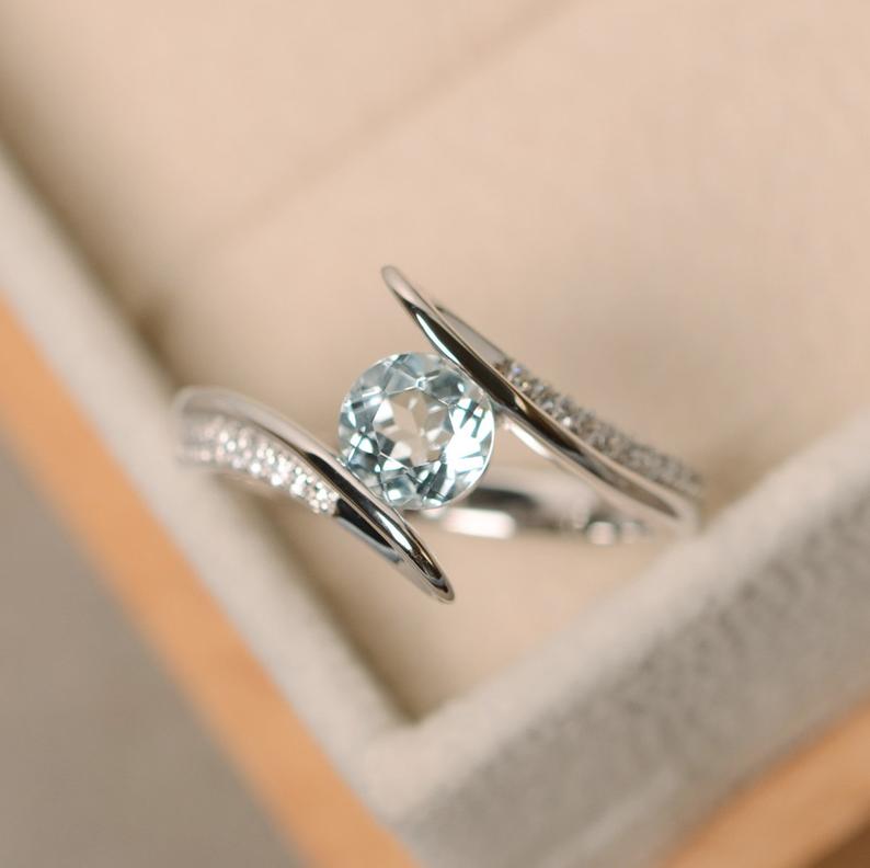 1.20 Ct Round Cut Aquamarine & CZ Bypass Promise Gift Ring In 925 Sterling Silver