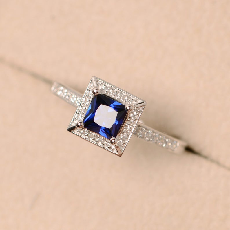 1.75 Ct Princess Cut Blue Sapphire 925 Sterling Silver Halo Engagement Wedding Ring