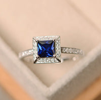 1.75 Ct Princess Cut Blue Sapphire 925 Sterling Silver Halo Engagement Wedding Ring