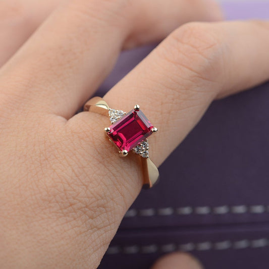 1.50 Ct Emerald Cut Red Ruby Diamond 925 Sterling Silver Solitaire W/Accents Promise Ring