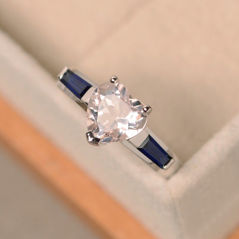 1.50 Ct Heart Cut Pink Morganite & Sapphire Baguette Three-Stone Proposal Ring In 925 Sterling Silver