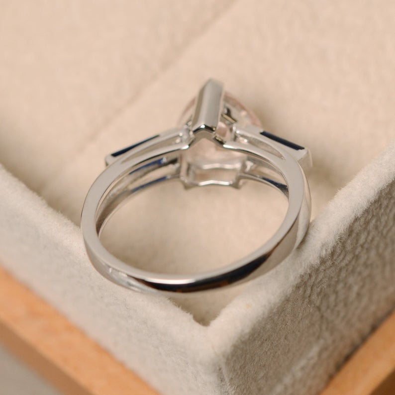1.50 Ct Heart Cut Pink Morganite & Sapphire Baguette Three-Stone Proposal Ring In 925 Sterling Silver