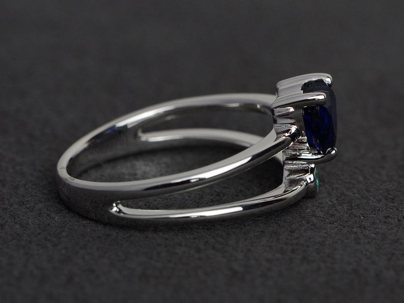 1.20 Ct Heart Cut Blue Sapphire & Round Sapphire Split Shank Promise Ring In 925 Sterling Silver - atjewels.in