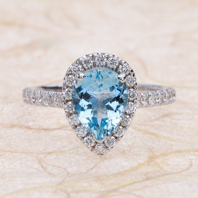 2 CT Pear Cut Aquamarine Diamond 925 Sterling Silver Halo Engagement Ring