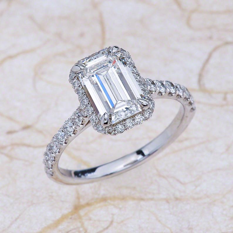 2 CT Emerald Cut Diamond 925 Sterling Silver Halo Engagement Ring