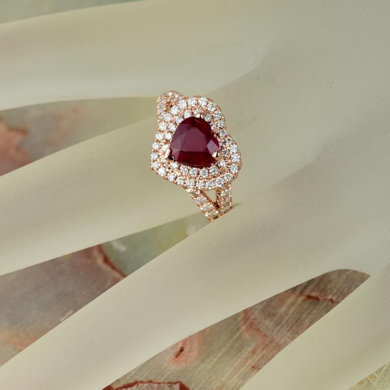 1 CT Heart Cut Red Ruby Diamond 925 Sterling Silver Double Halo Engagement Ring