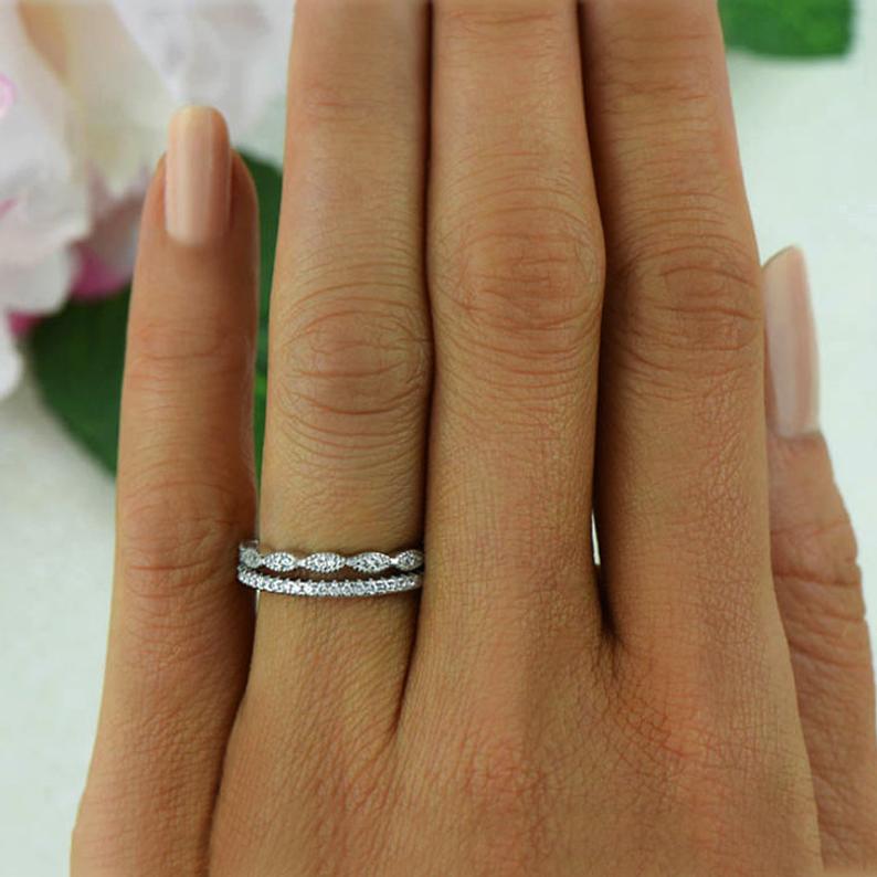 1 CT Round Cut Diamond 925 Sterling Silver Half Eternity Wedding Band Ring Set