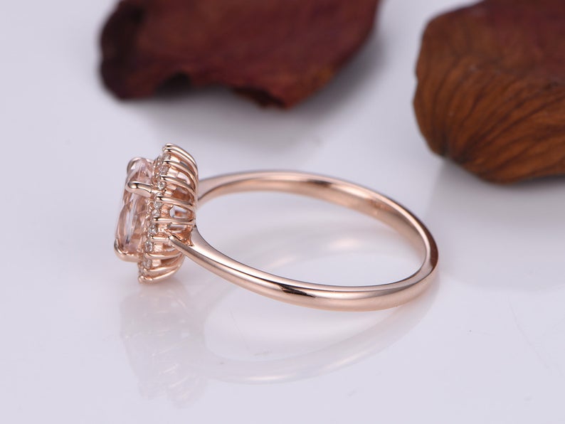 2 CT Oval Cut Morganite Diamond Rose Gold Over On 925 Sterling Silver Halo Anniversary Ring