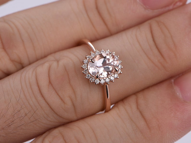 2 CT Oval Cut Morganite Diamond Rose Gold Over On 925 Sterling Silver Halo Anniversary Ring
