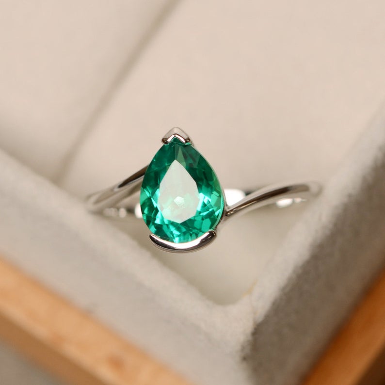 1 CT Pear Cut Emerald Diamond White Gold Over On 925 Sterling Silver Solitaire Promise Ring