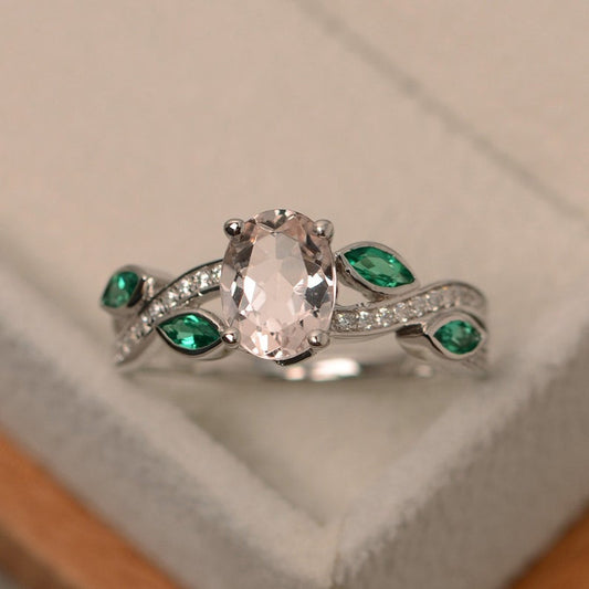 2.25 Ct Oval Cut Morganite & Green Marquise 925 Sterling Silver Solitaire Leaf Style Engagement Ring