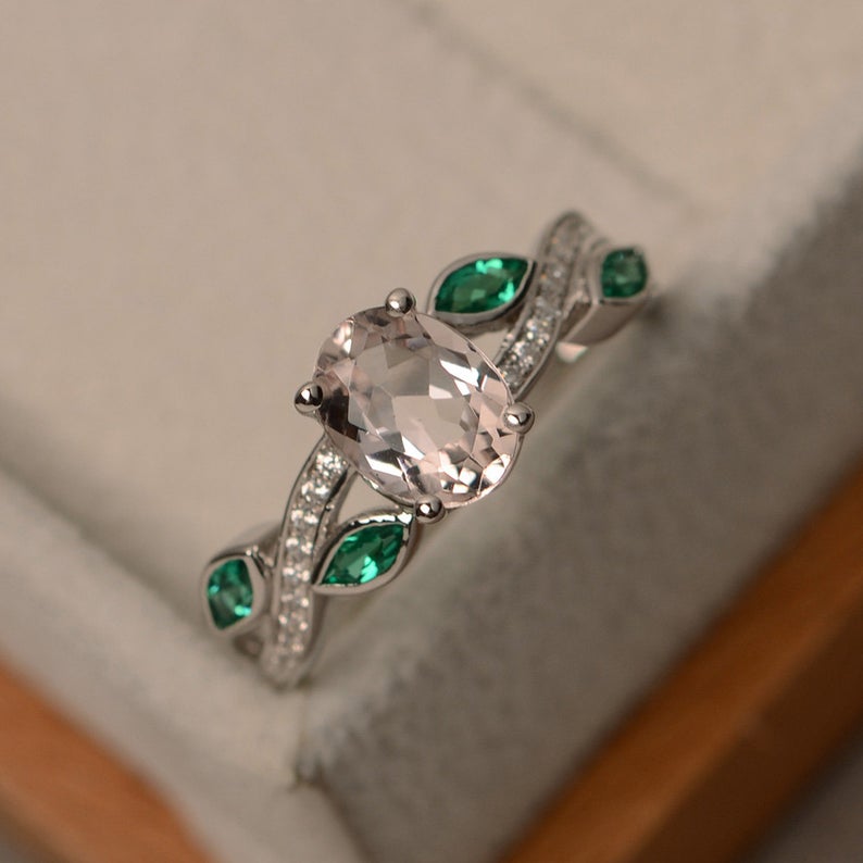 2.25 Ct Oval Cut Morganite & Green Marquise 925 Sterling Silver Solitaire Leaf Style Engagement Ring