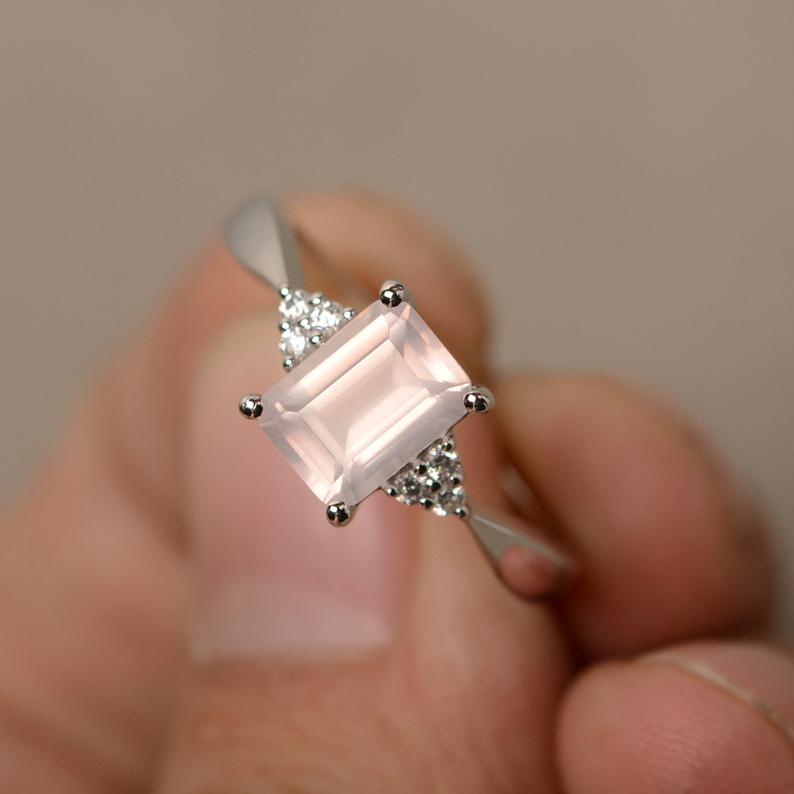 Ct Rose Quartz Emerald Cut Diamond 925 Sterling Silver Solitaire Engagement Ring