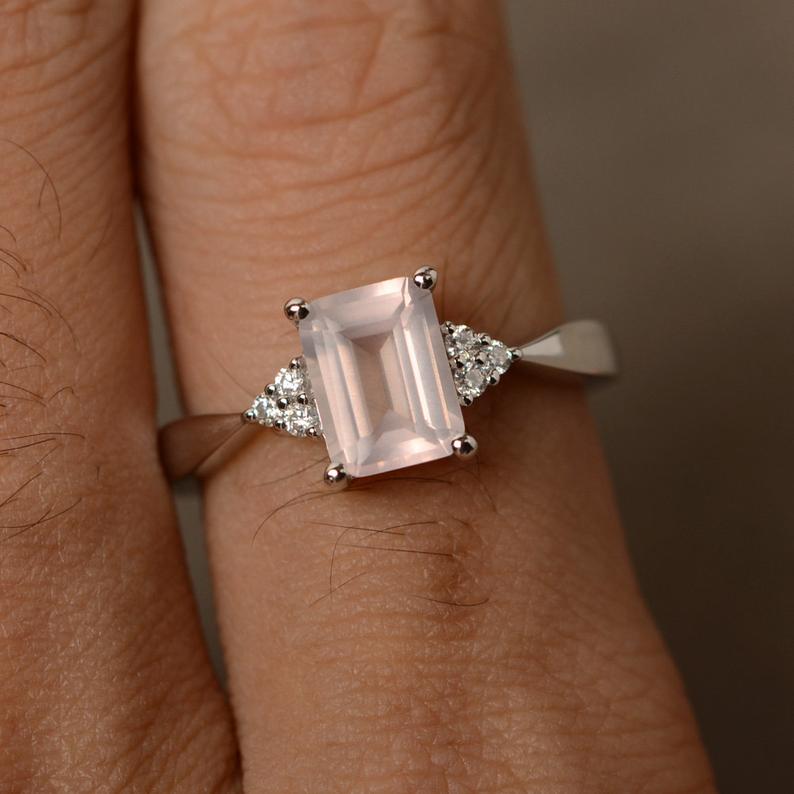 2.00 Ct Rose Quartz Emerald Cut Diamond 925 Sterling Silver Solitaire Engagement Ring