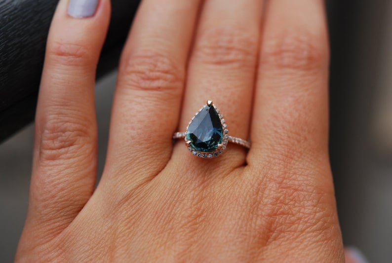 3 CT Pear Cut London Blue Topaz Diamond 925 Sterling Silver Halo Engagement Ring