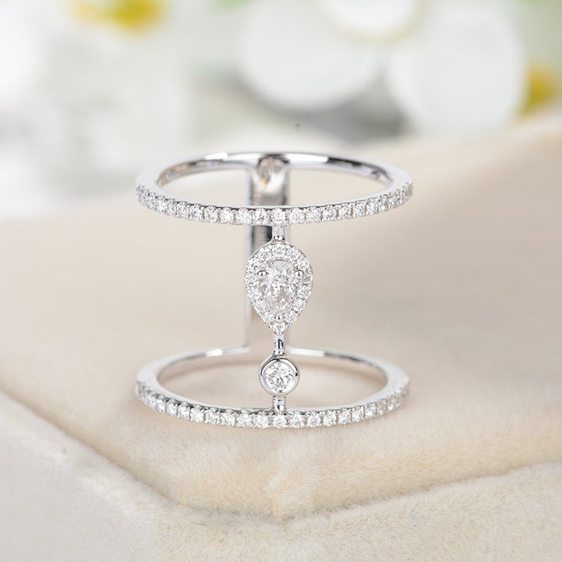 1.20 Ct Pear & Round Cut Diamond 925 Sterling Silver Cage Double Cuff Ring Anniversary Gift For Her