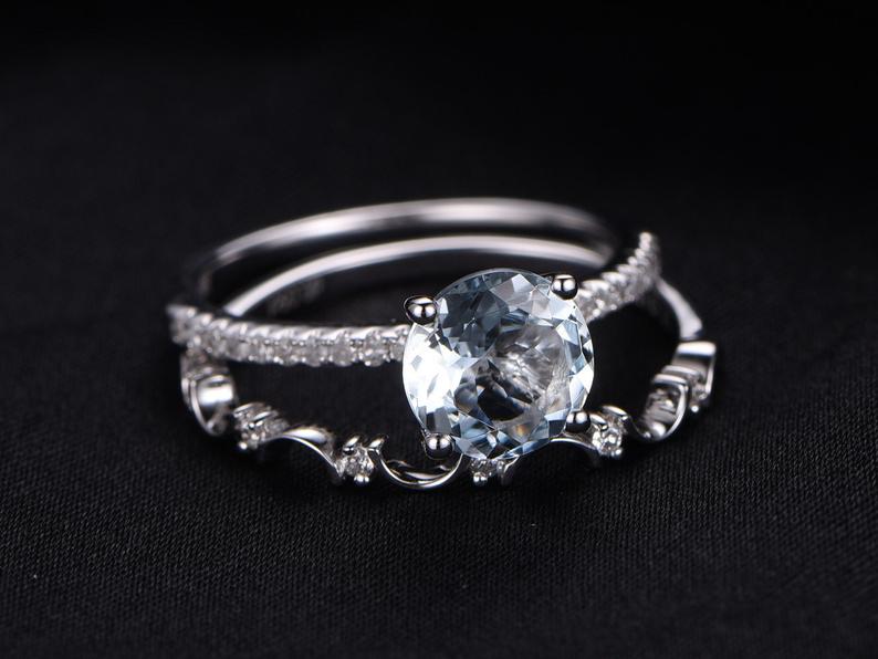 1.50 Ct Round Cut Aquamarine 925 Sterling Silver Half Eternity Band Wedding Bridal Ring Set