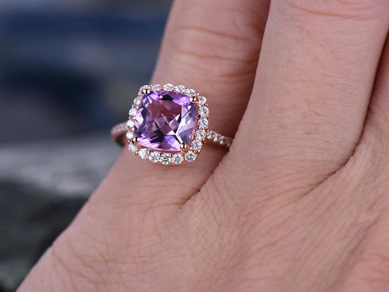 CT Cushion Cut Amethyst Diamond Rose Gold Over On 925 Sterling Silver  Halo Promise Ring