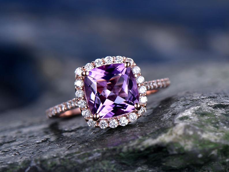 1 CT Cushion Cut Amethyst Diamond Rose Gold Over On 925 Sterling Silver Halo Promise Ring