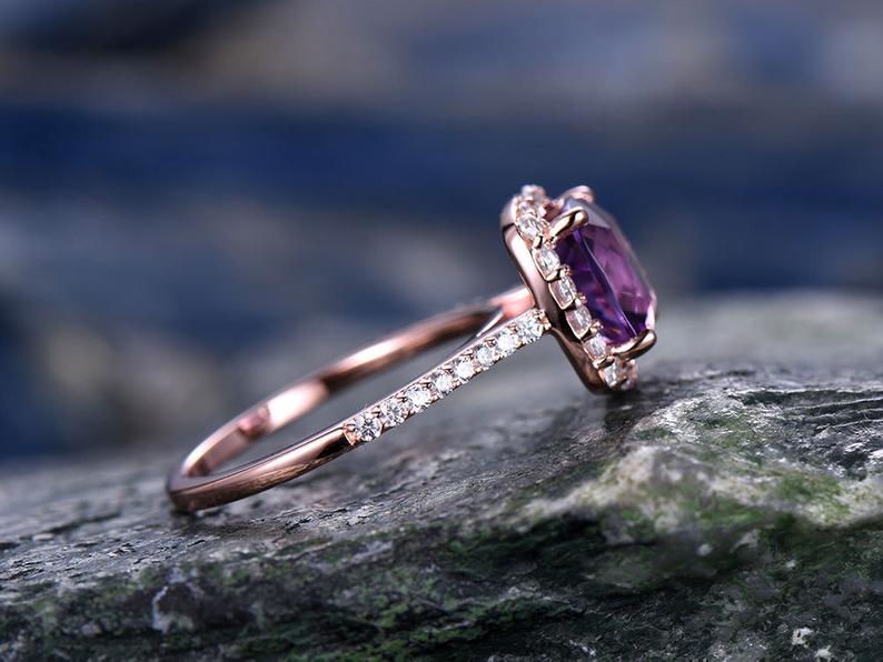 1 CT Cushion Cut Amethyst Diamond Rose Gold Over On 925 Sterling Silver Halo Promise Ring