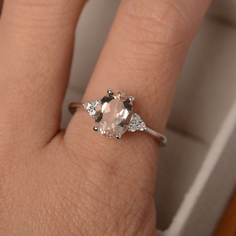 1.50 Ct Oval Cut Peach Morganite 925 Sterling Silver Solitaire W/Accents Anniversary Ring