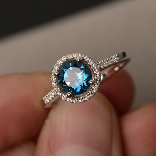 1.25 Ct Round Cut London Blue Topaz 925 Sterling Silver Halo Engagement Ring