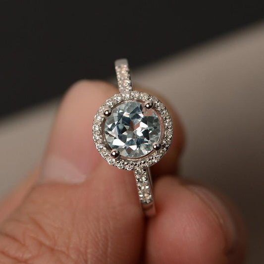 1 CT Round Cut 925 Sterling Silver Aquamarine Diamond Halo Wedding Ring
