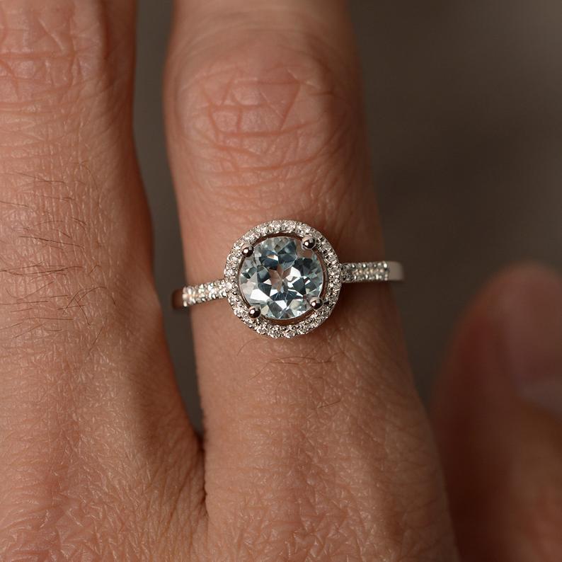 1 CT Round Cut 925 Sterling Silver Aquamarine Diamond Halo Wedding Ring