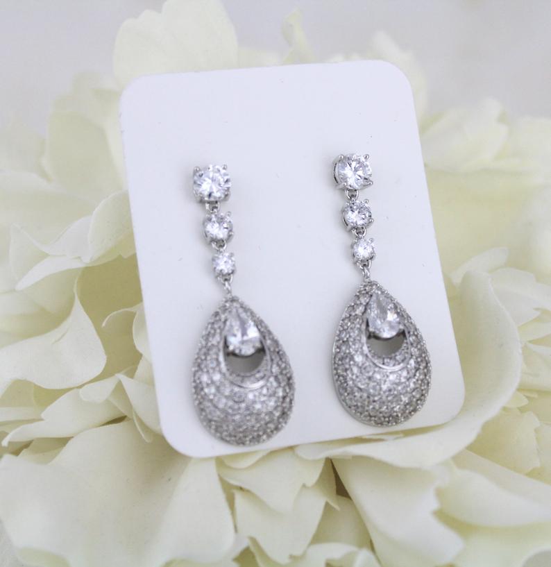 2.75 Ct Round & Pear Cut Diamond 925 Sterling Silver Bridal Wedding Dangle Earrings