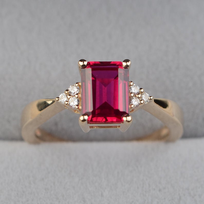 1.50 Ct Emerald Cut Red Ruby Diamond 925 Sterling Silver Solitaire W/Accents Promise Ring