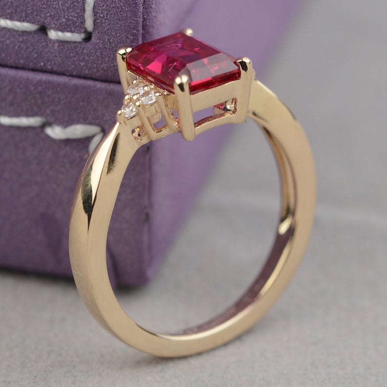 1.50 Ct Emerald Cut Red Ruby Yellow Gold Over On 925 Sterling Silver Solitaire Engagement Ring