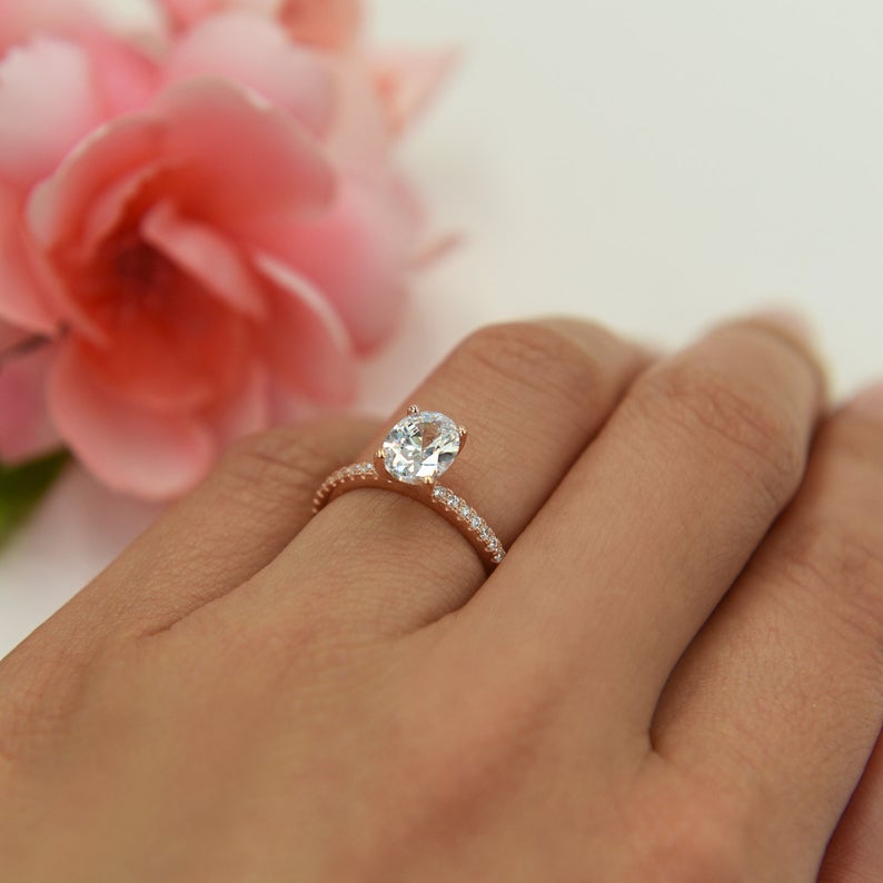1.25 CT Oval Cut Diamond Rose Gold Over On 925 Sterling Silver Engagement Ring