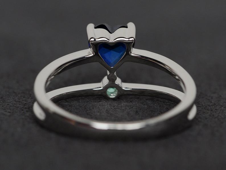 1.20 Ct Heart Cut Blue Sapphire & Round Sapphire Split Shank Promise Ring In 925 Sterling Silver - atjewels.in