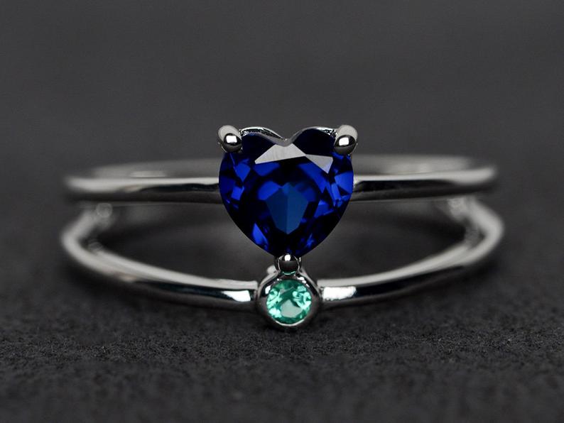 1.20 Ct Heart Cut Blue Sapphire & Round Sapphire Split Shank Promise Ring In 925 Sterling Silver - atjewels.in
