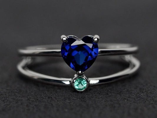 1.20 Ct Heart Cut Blue Sapphire & Round Sapphire Split Shank Promise Ring In 925 Sterling Silver - atjewels.in
