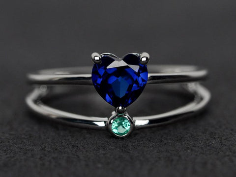 1.20 Ct Heart Cut Blue Sapphire & Round Sapphire Split Shank Promise Ring In 925 Sterling Silver