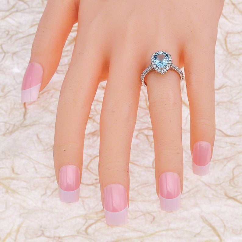 2 CT Pear Cut Aquamarine Diamond 925 Sterling Silver Halo Engagement Ring