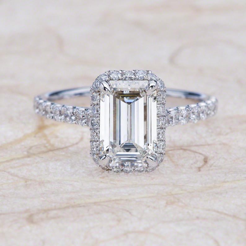 2 CT Emerald Cut Diamond 925 Sterling Silver Halo Engagement Ring