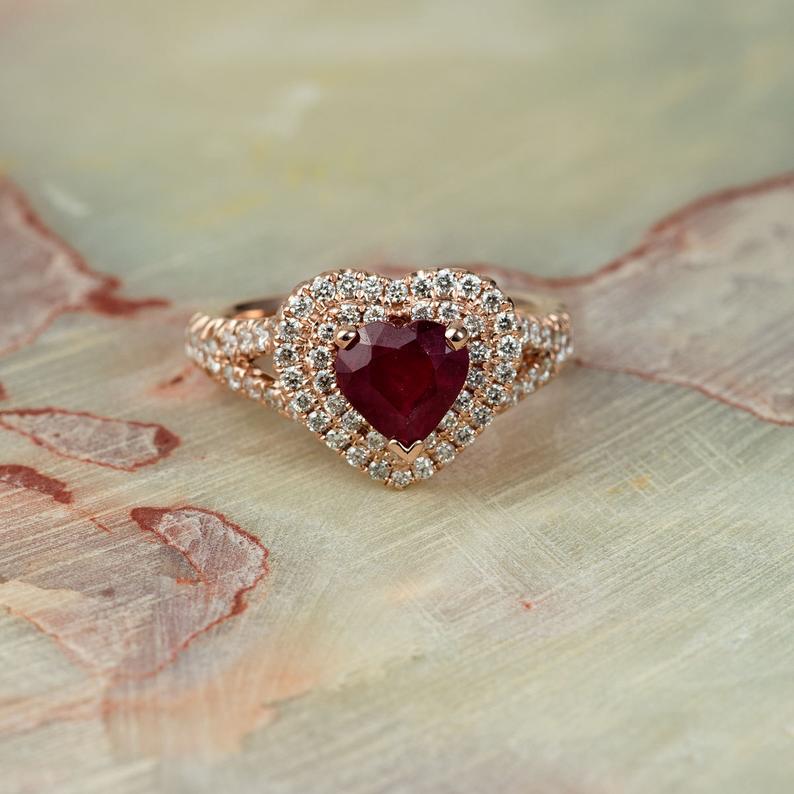 1 CT Heart Cut Red Ruby Diamond 925 Sterling Silver Double Halo Engagement Ring