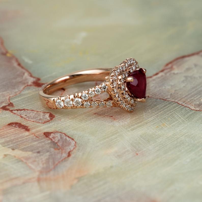 1 CT Heart Cut Red Ruby Diamond 925 Sterling Silver Double Halo Engagement Ring