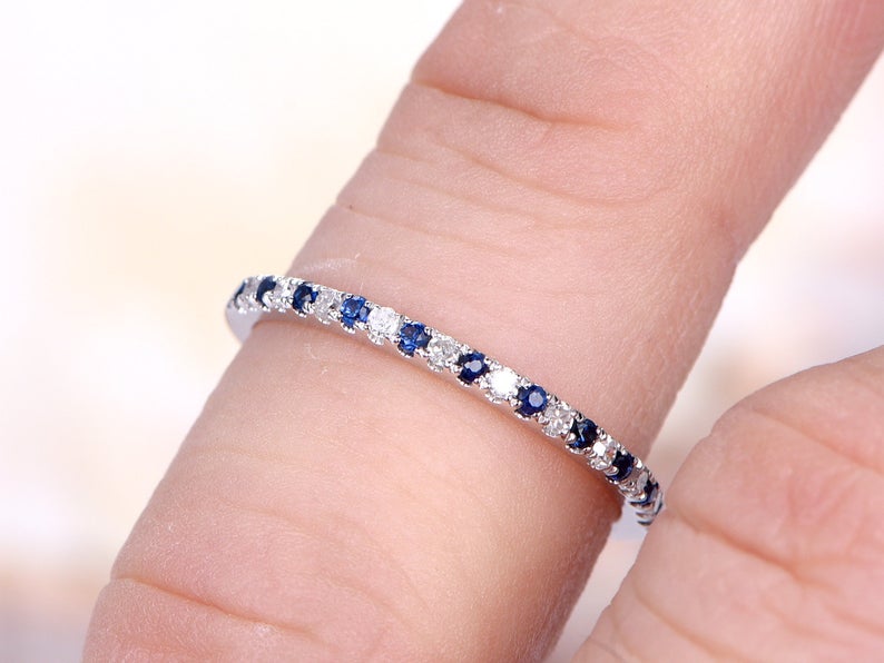 1.20 CT Round Cut Blue Sapphire Diamond White Gold Over On 925 Sterling Silver Half Eternity Band Ring