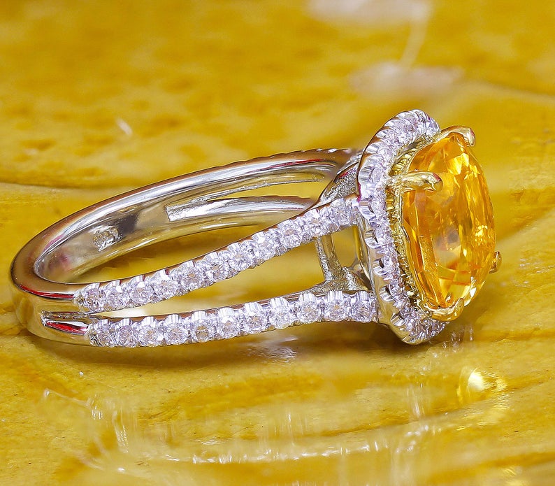 1 CT Cushion Cut Citrine and Round Cut Diamond White Gold Over On 925 Sterling Silver Halo Wedding Ring