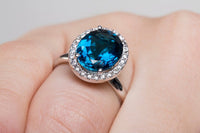 2 CT 925 Sterling Silver Blue Topaz Oval Cut Diamond Wedding Anniversary Halo Ring