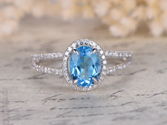 2 CT Oval Cut Blue Topaz Diamond 925 Sterling Silver Split Shank Band Engagement Ring