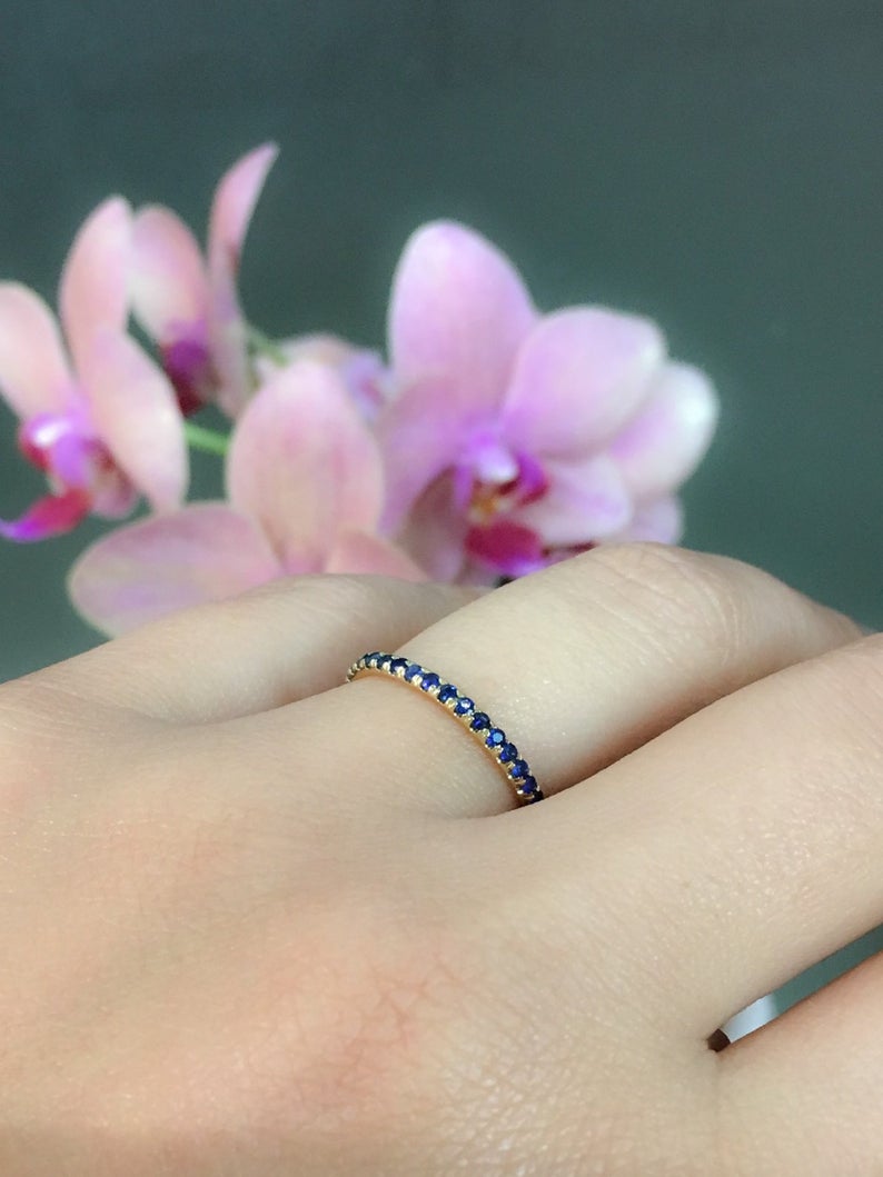 1 CT Round Cut Blue Sapphire Diamond 925 Sterling Silver Full Eternity Wedding Band Ring