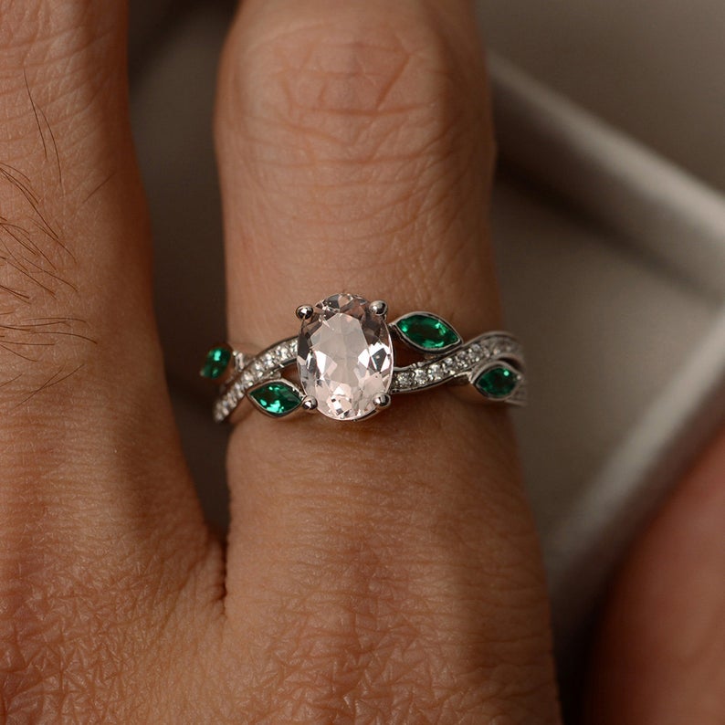 2.25 Ct Oval Cut Morganite & Green Marquise 925 Sterling Silver Solitaire Leaf Style Engagement Ring