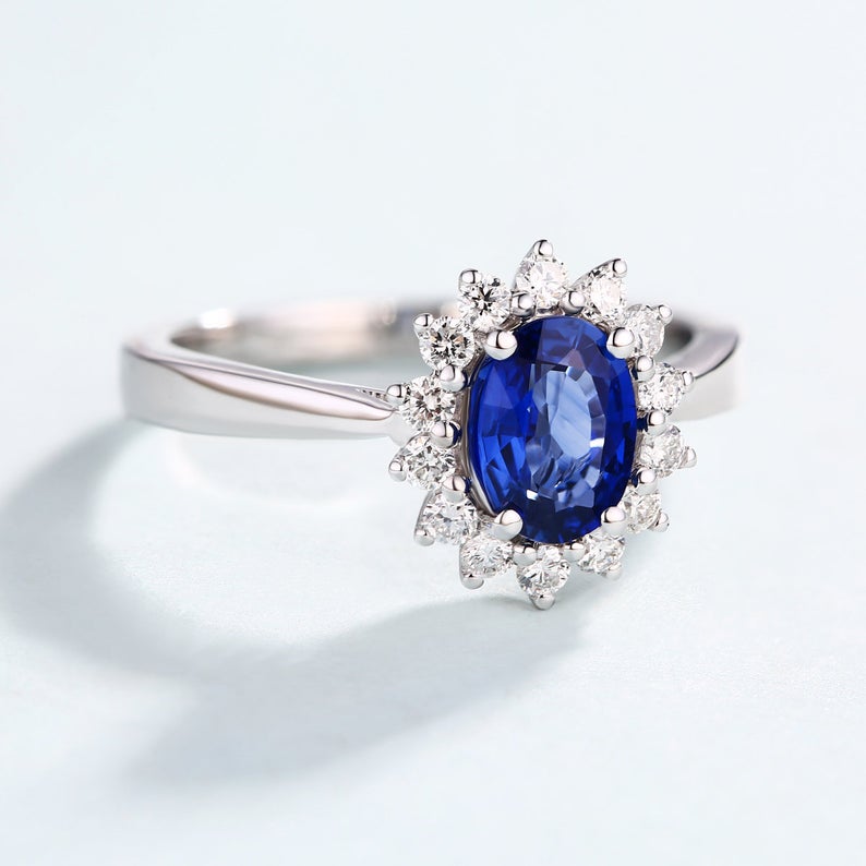 1 CT Oval Cut Blue Sapphire Diamond White Gold Over On 925 Sterling Silver Halo Engagement Ring